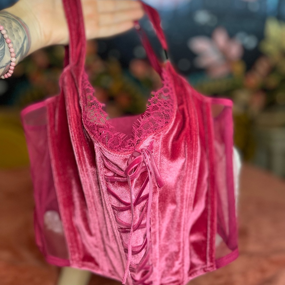 Unlined bustier from Victoria’s Secret. Medium. Maroon velvet with lace.